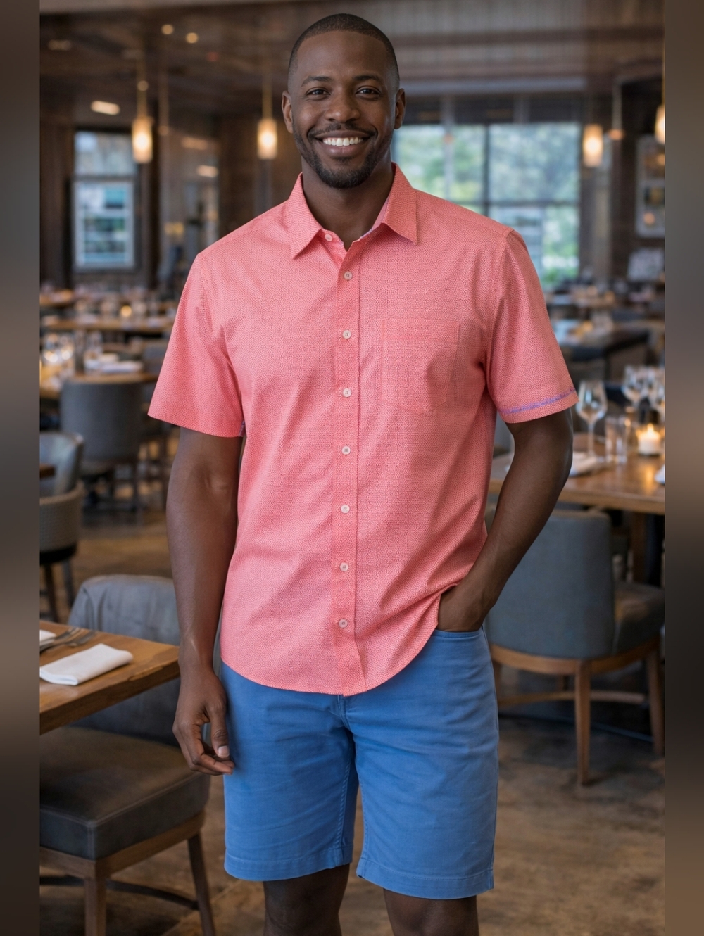 Nick Graham Everywhere Orange/Blue Modern Fit Button-Down Summer Shirt Size S
